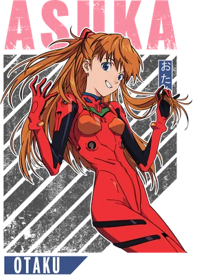 Hình ảnh Asuka Langley Soryu trong bộ đồ đỏ Evangelion, phong cách anime, với chữ 'ASUKA' và tiếng Nhật.