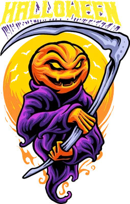 Hình minh họa nhân vật bí ngô Halloween đầu Jack-o'-lantern mặc áo choàng tím, cầm lưỡi hái, trên nền trăng vàng và chữ Halloween.