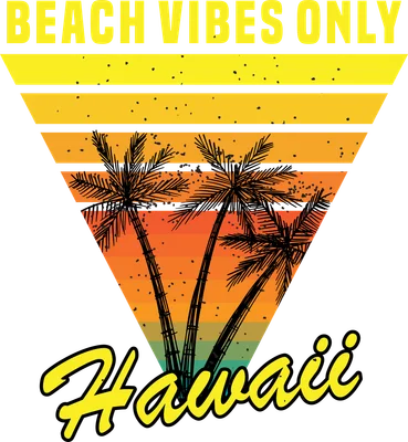 Hình ảnh cây dừa Hawaii với dòng chữ 'BEACH VIBES ONLY' và 'Hawaii' trên nền hoàng hôn nhiệt đới.