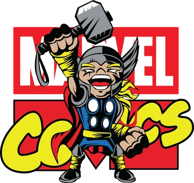 Hình Thor phiên bản chibi dễ thương, đang cười tươi và giơ búa Mjolnir lên cao, phía sau có logo Marvel Comics.