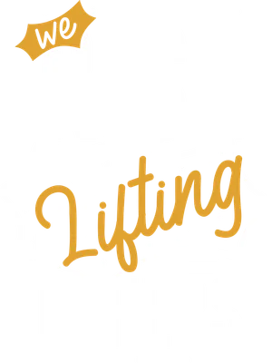 Thiết kế chữ "We Rise By Lifting Others" với phông chữ lớn, màu trắng và vàng nổi bật trên nền xám.