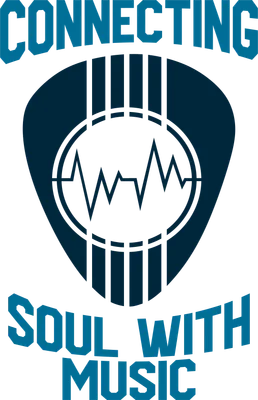 Hình ảnh pick guitar với biểu tượng sóng âm và dòng chữ 'Connecting Soul With Music'