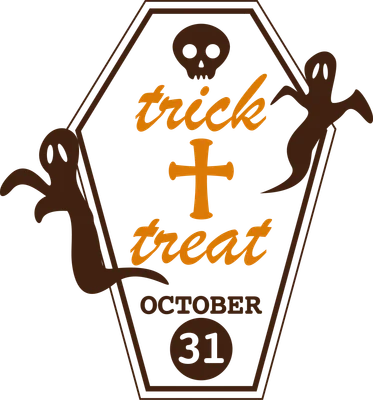 Hình ảnh quan tài với hình đầu lâu, ma quái và chữ "trick or treat October 31"