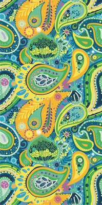 Họa tiết Paisley với các hình giọt nước cách điệu, hoa văn phức tạp, màu xanh dương, vàng, xanh lá cây, tím.