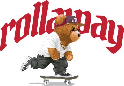 Hình ảnh gấu bông đội mũ lưỡi trai, đeo dây chuyền vàng, đang trượt ván với phong cách hiphop.