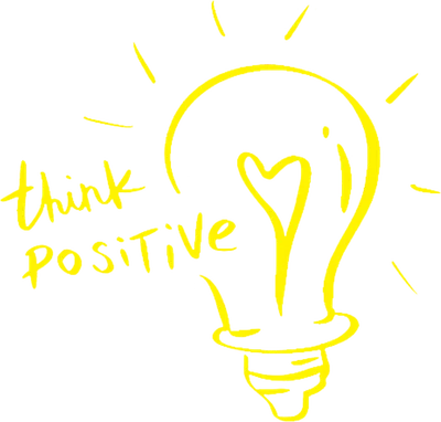 Hình vẽ bóng đèn màu vàng với dòng chữ "think POSITIVE" trên nền xám.