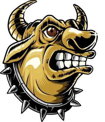 Hình minh họa đầu bò tót vàng giận dữ với sừng và vòng cổ đinh nhọn, phong cách hoạt hình mạnh mẽ.