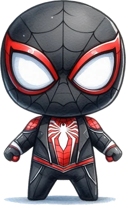 Hình ảnh chibi Người Nhện Miles Morales trong bộ đồ đen đỏ, mắt trắng to, phong cách hoạt hình dễ thương.