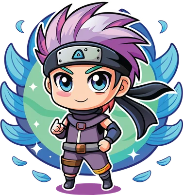 Hình ảnh nhân vật chibi ninja tóc tím, đeo băng đô, mắt xanh to tròn, mặc trang phục ninja màu tím, đứng tạo dáng.