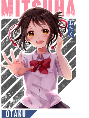 Hình ảnh cô gái anime Mitsuha Miyamizu với mái tóc nâu, mắt to tròn, mặc áo sơ mi trắng và nơ đỏ, tay đưa ra phía trước.