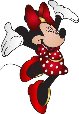 Hình ảnh Minnie Mouse hoạt hình vui tươi, đáng yêu trong chiếc váy chấm bi đỏ và nơ đỏ, đang tạo dáng nhảy múa.