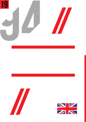 Thiết kế đồ họa "Nevermind" với số 19, 94, cờ Anh và dòng chữ London City.