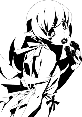 Hình vẽ anime cô gái với mái tóc đen, mắt to tròn, đang ăn bánh quy đen, phong cách đen trắng.