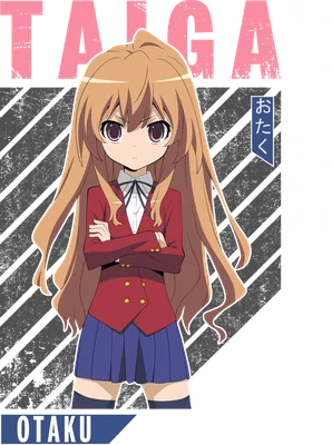 Hình ảnh cô gái anime tóc vàng dài, mặc áo khoác đỏ, váy xanh, mắt tím, biểu cảm nghiêm nghị, có chữ TAIGA và OTKU.