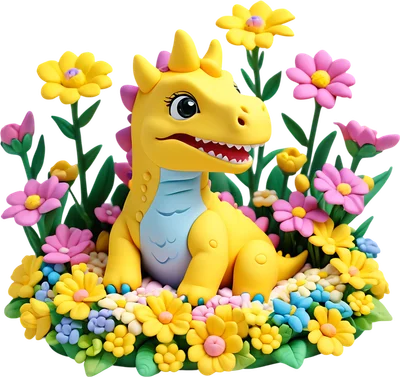 Hình ảnh 3D khủng long con màu vàng dễ thương ngồi giữa thảm hoa nhiều màu sắc như hồng, vàng, xanh, tím, trên nền xám.