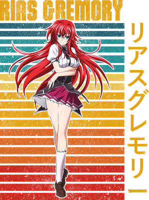 Hình ảnh Rias Gremory, nhân vật anime tóc đỏ quyến rũ, đứng trên nền sọc ngang màu cam, vàng, xanh.