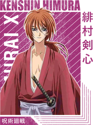 Hình ảnh Kenshin Himura, nhân vật anime nổi tiếng, mặc kimono đỏ, cầm kiếm.
