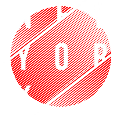 Thiết kế chữ "New York" với font trắng, nằm trên hình tròn đỏ có sọc trắng, nền xám.
