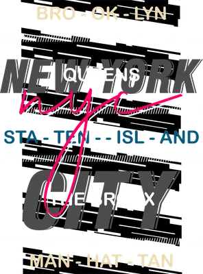 Hình ảnh thiết kế chữ New York City, NYC và tên các quận Brooklyn, Queens, The Bronx, Manhattan, Staten Island trên nền xám.