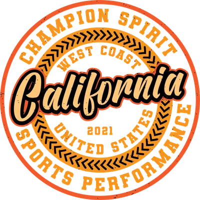 Hình in chữ California phong cách thể thao vintage với dòng chữ Champion Spirit, West Coast, United States, Sports Performance và họa tiết đường may bóng chày.