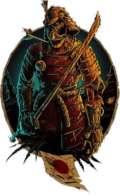 Hình ảnh minh họa một chiến binh Samurai mặc giáp đỏ vàng, có mũi tên găm vào cổ, tay cầm kiếm, phía dưới có lá cờ Nhật Bản rách.