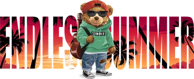 Hình ảnh gấu teddy đội mũ, đeo kính râm, mặc áo hoodie xanh lá, quần jeans rách, đeo đàn guitar, với chữ 'ENDLESS SUMMER' và cảnh hoàng hôn bãi biển.
