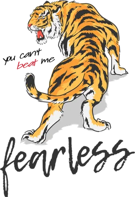 Hình ảnh minh họa hổ vằn đang gầm với dòng chữ 'you can't beat me' và 'fearless' trên nền xám.