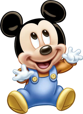 Hình ảnh chuột Mickey bé con đáng yêu mặc yếm màu xanh, ngồi cười tươi, nhìn lên trên.