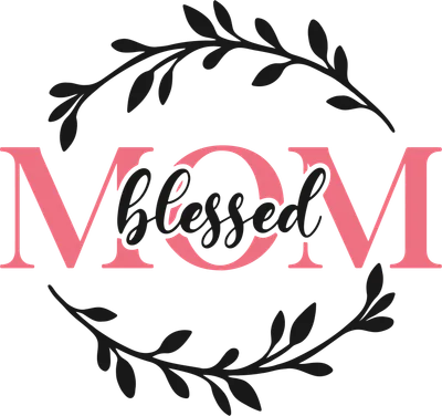 Chữ 'MOM' màu hồng với chữ 'blessed' viết tay màu đen, bao quanh bởi cành lá đen trên nền xám.