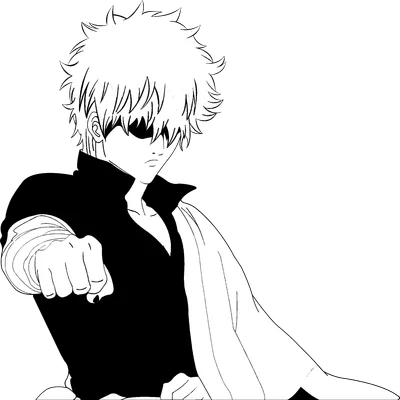 Hình vẽ nhân vật anime nam tóc trắng rối bù, đeo băng đen che mắt, mặc áo đen và choàng trắng, tay nắm lại hướng về phía trước.