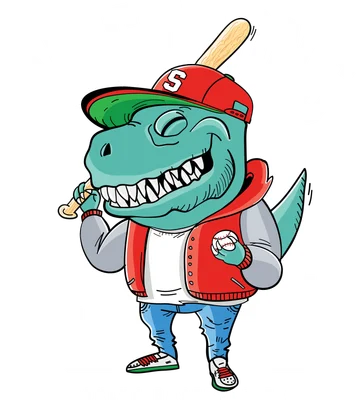Hình minh họa khủng long T-Rex mặc áo khoác bóng chày, cầm gậy bóng chày, phong cách hoạt hình năng động