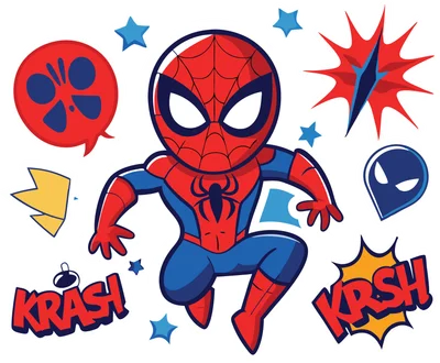 Hình ảnh chibi Người Nhện đang hành động với các biểu tượng vui nhộn như sao, tia sét, và chữ "KRASH"