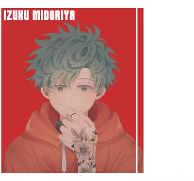 Hình vẽ chibi Izuku Midoriya với tóc xanh lá, đeo nhẫn, hình xăm hoa trên tay, mặc áo hoodie cam.