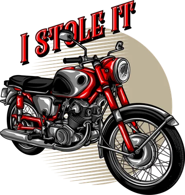 Hình ảnh minh họa xe máy cổ điển màu đỏ với dòng chữ 'I STOLE IT' phía trên, phong cách retro.
