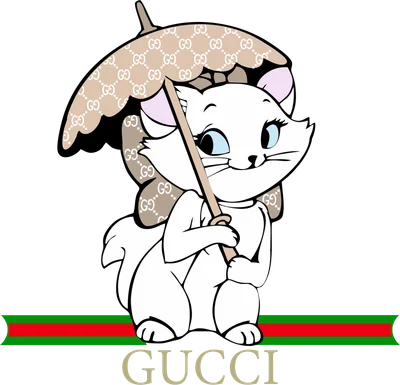 Hình ảnh hoạt hình mèo trắng dễ thương cầm ô có họa tiết GUCCI, với sọc xanh lá và đỏ bên dưới.