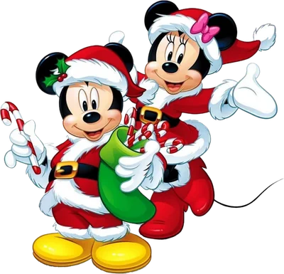 Mickey và Minnie Mouse hoạt hình trong trang phục Santa Claus, cầm kẹo gậy và tất quà Giáng sinh, nền xám.