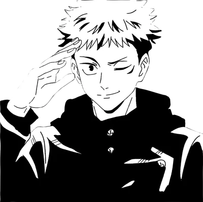 Hình vẽ anime đen trắng một chàng trai trẻ đang saluting và nháy mắt, mặc áo khoác đen.