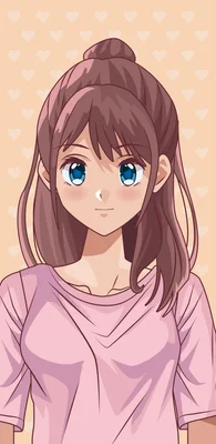 Hình ảnh cô gái anime tóc nâu buộc cao, mắt xanh to tròn, mặc áo hồng, nền họa tiết trái tim nhỏ màu kem.