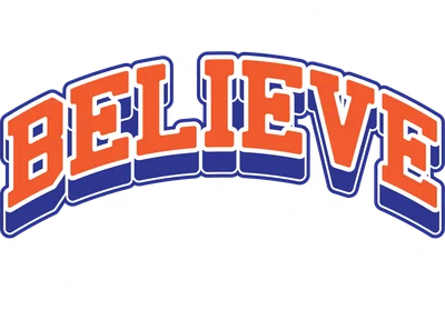 Hình ảnh typography chữ BELIEVE lớn màu cam và xanh dương, viền trắng, với các đường nét trừu tượng màu trắng và văn bản thông điệp truyền cảm hứng.