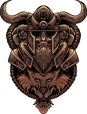 Hình ảnh minh họa đầu Viking đội mũ giáp có sừng, kết hợp với đầu sói hung dữ và các chi tiết rồng, giáp trụ.
