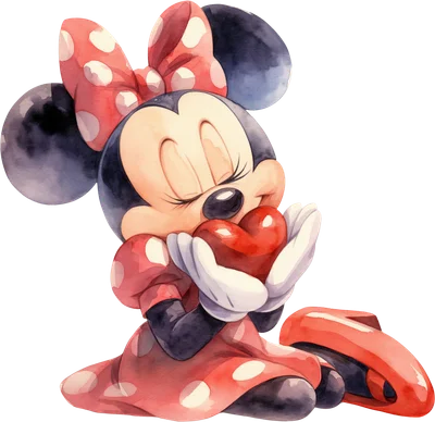 Hình ảnh Minnie Mouse hoạt hình phong cách màu nước, đang ngồi ôm trái tim đỏ, mắt nhắm, biểu cảm dễ thương.