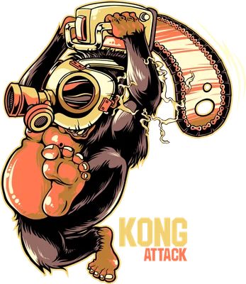 Hình ảnh minh họa khỉ đột cầm cưa máy với dòng chữ "Kong Attack" theo phong cách hoạt hình.