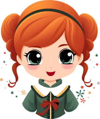 Hình minh họa cô bé hoạt hình chibi tóc đỏ búi hai bên, mắt to tròn, mặc áo xanh lá có nơ đỏ, nền xám.