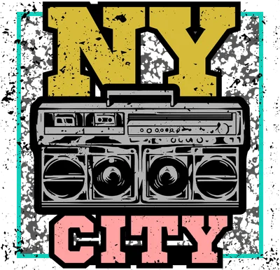 Hình in phong cách retro với chữ NY CITY và máy phát nhạc boombox cổ điển