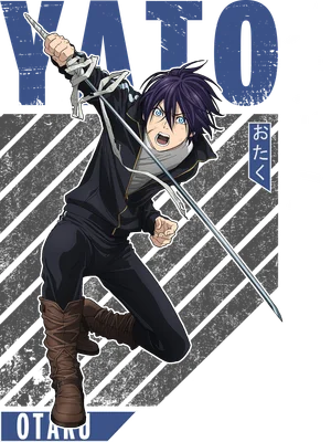 Nhân vật Yato từ anime Noragami trong tư thế chiến đấu, cầm kiếm, mặc trang phục đen, đi ủng nâu.