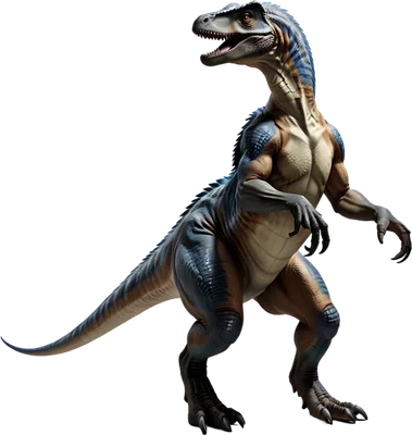Hình ảnh 3D khủng long Velociraptor cơ bắp màu xanh và nâu, đứng thẳng với miệng mở, móng vuốt sắc nhọn, trên nền xám.