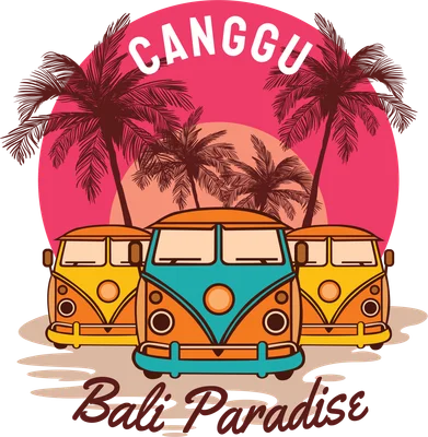 Hình minh họa xe bus cổ điển và cây dừa phong cách retro du lịch Bali