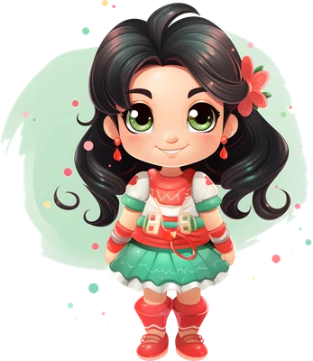 Hình ảnh cô bé hoạt hình dễ thương tóc đen dài, mắt xanh to tròn, mặc váy đỏ xanh, cài hoa đỏ trên tóc, đứng cười tươi.