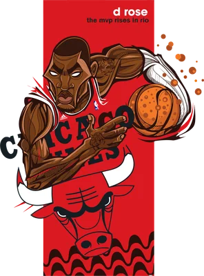 Hình vẽ hoạt hình Derrick Rose cầm bóng rổ, mặc áo Chicago Bulls, có biểu tượng đầu bò.