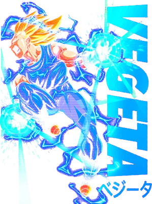 Nhân vật Vegeta trong Dragon Ball Super Saiyan, tung chiêu thức năng lượng xanh, bao quanh bởi tia sét xanh.